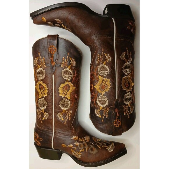 Macie Bean Boots Sz 7M Floral Embroidered Brown Leather Snip Toe Western Cowgirl - Picture 3 of 16